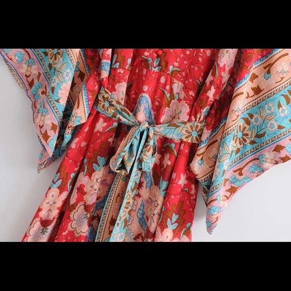 New Boho Cotton Floral Print Kimono Red Maxi Belted Dress - Picture 3 of 6